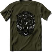 Wolf - Dieren Mandala T-Shirt | Grijs | Grappig Verjaardag Zentangle Dierenkop Cadeau Shirt | Dames - Heren - Unisex | Wildlife Tshirt Kleding Kado | - Leger Groen - M