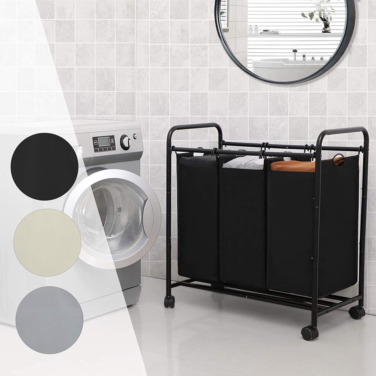 SONGMICS Wasmand Met Wieltjes, Wasverzamelaar 3 Afneembare Waszakken Waswagen Voor Bijkeuken Slaapkamer Badkamer X 45 L Leigrijs Rls102g01 661098428