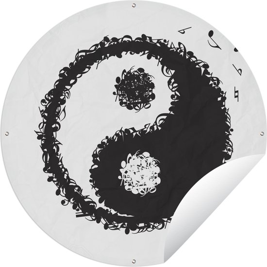 Tuincirkel Een illustratie van een Yin en Yang logo dat bestaat uit muzieknoten - 90x90 cm - Ronde Tuinposter - Buiten