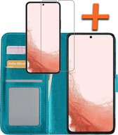 Hoesje Geschikt voor Samsung S22 Hoes Bookcase Flipcase Book Cover Met Screenprotector - Hoes Geschikt voor Samsung Galaxy S22 Hoesje Book Case - Turquoise