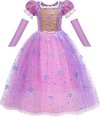 Paarse prinsessenjurk met glitter-effect, korte pofmouwen met kant en lange tule rok met bloemen en roze accenten.