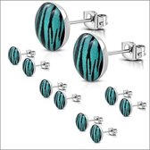 Aramat jewels ® - Ronde zweerknopjes zebra print blauw zwart staal 7mm