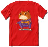 Casual kat T-Shirt Grappig | Dieren katten Kleding Kado Heren / Dames | Animal Skateboard Cadeau shirt - Rood - XL