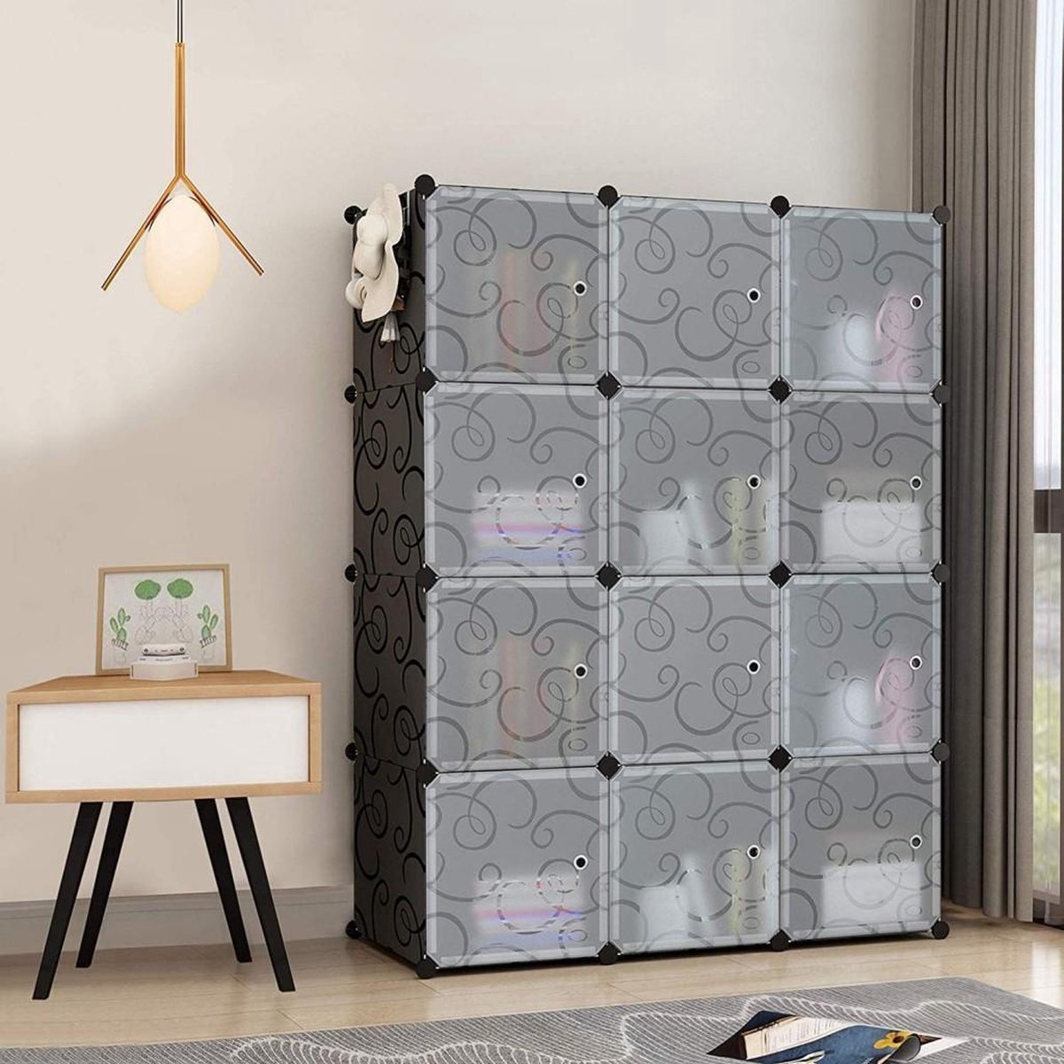 HOOBRO Kleiderschrank, Garderobenschrank, Modularer Kunststoffschrank mit 16 Würfel, Steckregalsystem mit Türen und Kleiderstange, 2 Hakenreihen, 145 x 46,5 x 147,5 cm, Weiß EWT44LY01