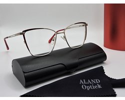 Elegante dames leesbril +3,0 / metalen montuur met toegevoegde strass steentjes, kleur rood en zilver, lunettes de lecture / Aland optiek / cat - eye bril +3.0 met brillenkoker en doekje / leesbrillen dames / VV5123