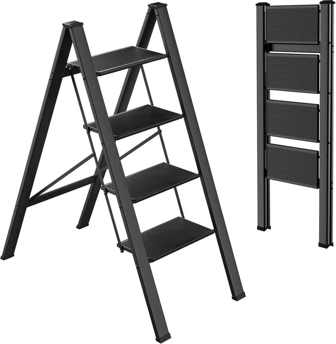 Mima® Trapladder - Huishoudtrap - 4 Treden - Zwart - Aluminium