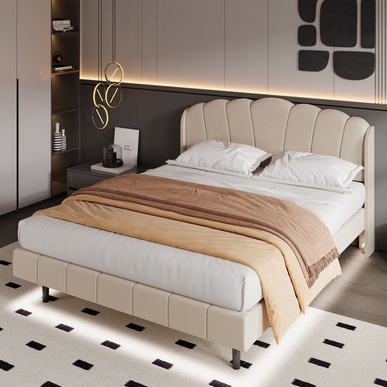 Sweiko Gestoffeerd bed, met bewegingsgevoelige LED-verlichting onder het hoofdeinde, bed- en voetlichtstrips, 160*200cm, matras niet inbegrepen, fluweel, beige