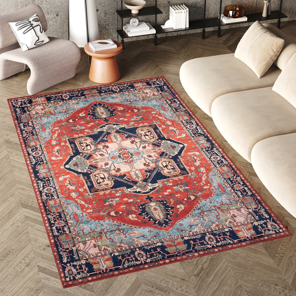 Tapiso Flannel Printed Vloerkleed Oosters Oriental Rood Antislip Wasbaar Tapijt Maat- 200x