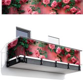 Balkonscherm 500x90 cm - Balkonposter Roze - Bloemen - Rozen - Bladeren - Balkon scherm decoratie - Balkonschermen - Balkondoek zonnescherm