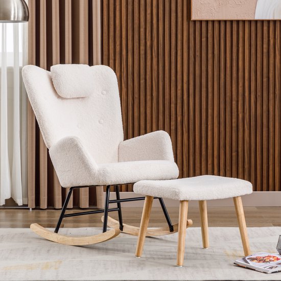 Chaise à bascule blanche confortable, chaise à bascule en peluche douce avec appui-tête et repose-pieds - capacité de charge jusqu'à 100 kg