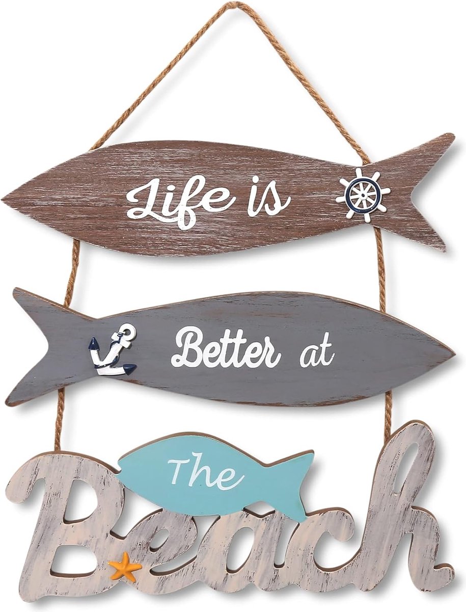 Maritiem badkamer decoratief bord van hout - Life is Better at The Beach - liefdevol vormgegeven badkameraccessoires met details om op te hangen - met sisal koord - voor muur, raam, deur (N-4)