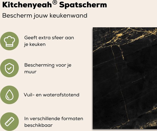 Spatscherm keuken 60x40 cm - Kookplaat achterwand Marmer look - Luxe - Zwart - Goud - Muurbeschermer - Spatwand fornuis - Hoogwaardig aluminium