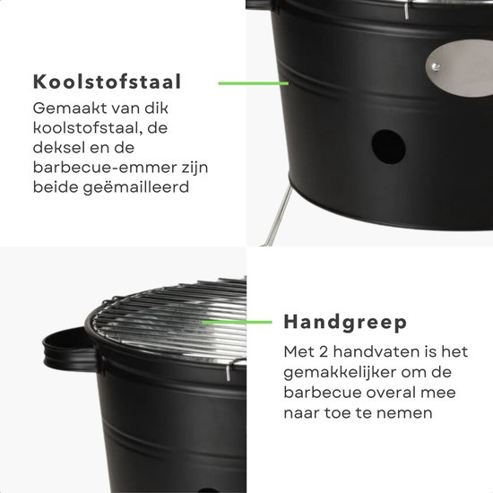 Cheqo® Draagbare Barbecue - Camping Grill - BBQ - Ø300mm-345mm, 200mm Hoog - 2 Handvaten - Mat Zwart - Voor Park, Strand, Balkon van Cheqo — afbeelding 5