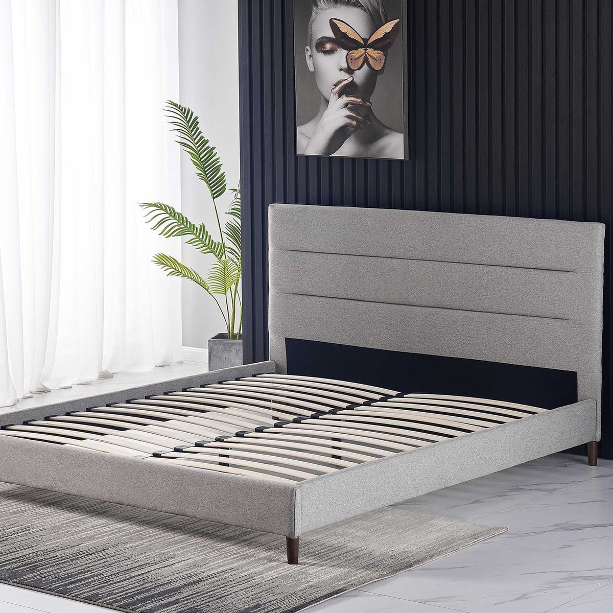 Tweepersoonsbed Zulema 140x200 - Grijs - Poldimar - Tweepersoons Gestoffeerd Bed - Grijs - Textiel; Polyester Tweepersoons Normaal Bed