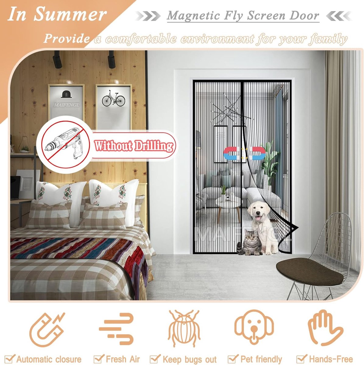 Moustiquaire Magnétique Pour Porte – Sans Perçage, 90x210 Cm, Fermeture Aimantée, Noir