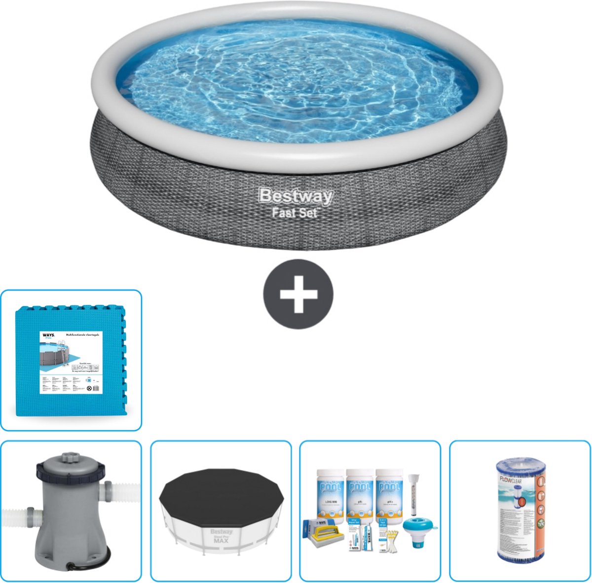 Bestway Rond Opblaasbaar Fast Set Zwembad - Rotanprint - 366 x 76 cm - Inclusief Pomp Afdekzeil - Onderhoudspakket - Filter - Vloertegels