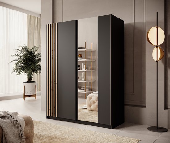 Meubella - Kledingkast Boets - Zwart - Eiken - 150 cm - Met spiegel