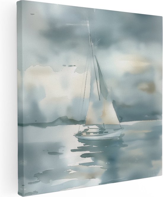 Artaza Canvas Schilderij Aquarelkunstwerk van een Zeilboot in het Water - 80x80 - Groot - Foto Op Canvas - Canvas Print