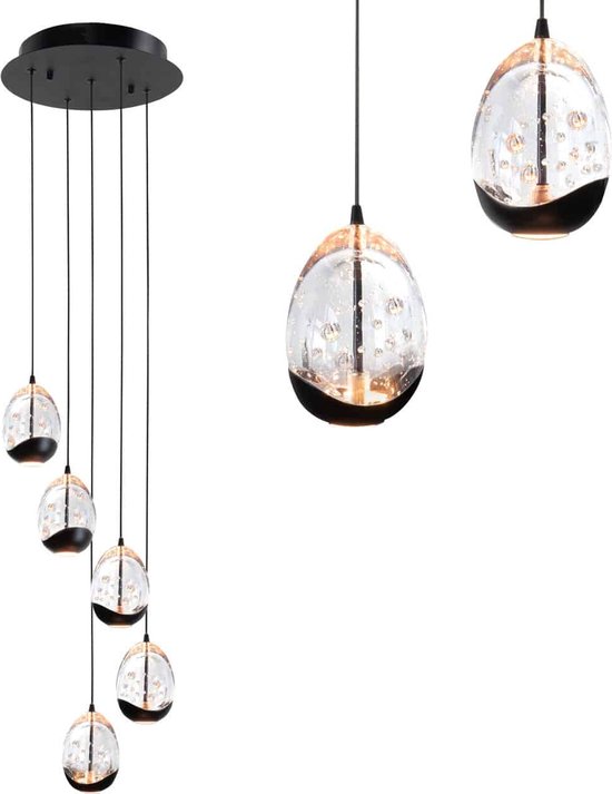 Lampe de table à manger Oeuf clair | 5 lumières | 9,5 cm | 65 cm | verre / métal | transparent / noir | lampe suspendue | design moderne / champêtre