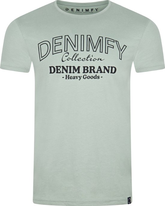 Lichtgroen T-shirt met zwarte tekst: DENIMFY COLLECTION, DENIM BRAND - Heavy Goods -