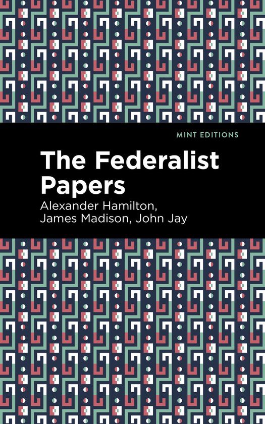Boek met abstract patroon in blauw, groen en roze. Titel: The Federalist Papers.