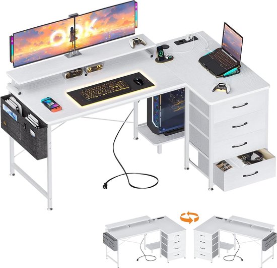 ODK Hoekbureau met 4 lades, L-vormig bureau met stopcontact en USB