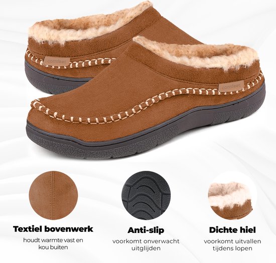 Bruine suède pantoffels met crème bont, detail van bovenwerk, zool en hiel.