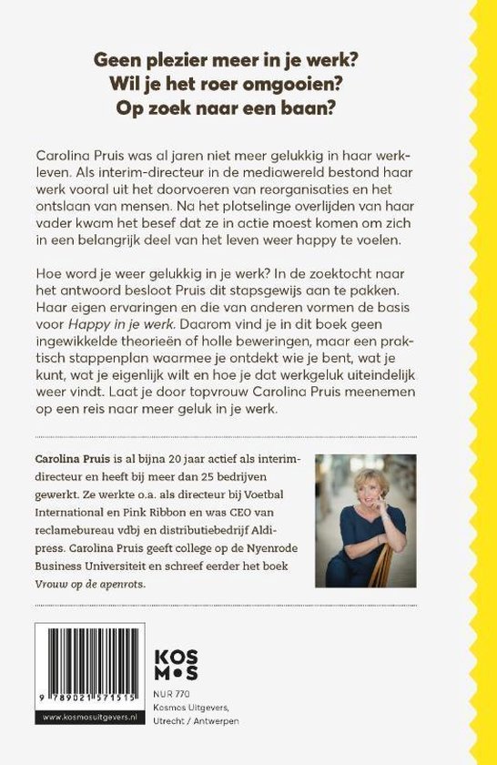 Achterkant van een boek met tekst en een foto van Carolina Pruis.