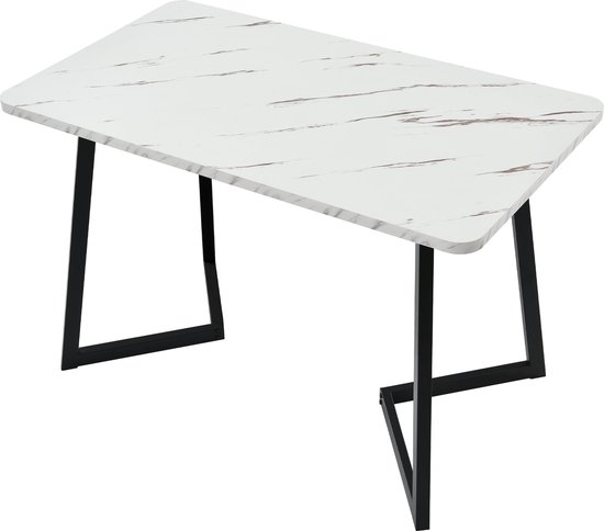 Merax 117x68 cm Eettafel - Rechthoekige Tafel met Modern Marmerpatroon - Keukentafel met Metalen Poten - Wit met Zwart