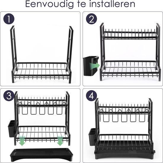 Behave Afdruiprek met Lekbak - Inclusief Afvoer - Afwasrek - Met Bestekhouder - 2 Laags - Ruimtebesparend - Metaal - Zwart - Afwasborstel