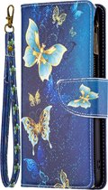 Telefoonhoesje geschikt voor Samsung Galaxy A55 - Portemonnee met rits - book-case hoesje - ruimte voor 9 pasjes - goud blauw vlinders