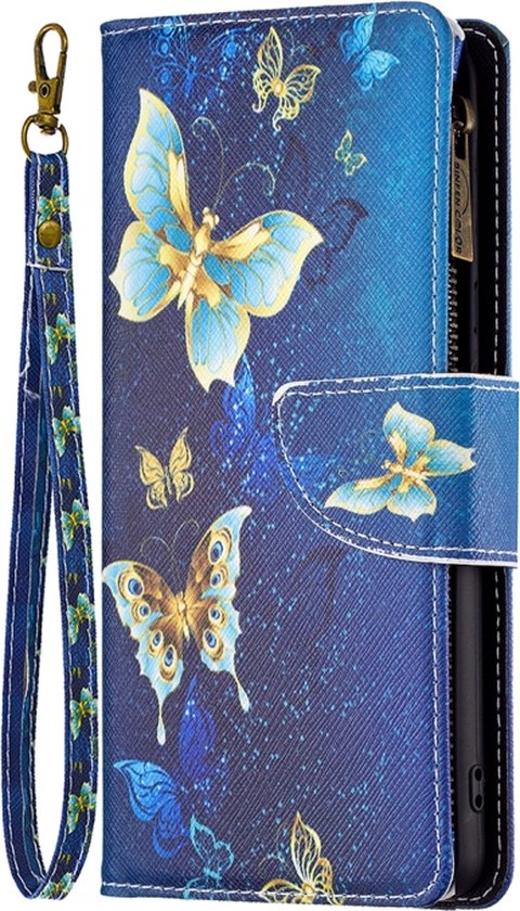 Étui portefeuille bleu avec des papillons dorés et bleus, avec dragonne et fermeture éclair.