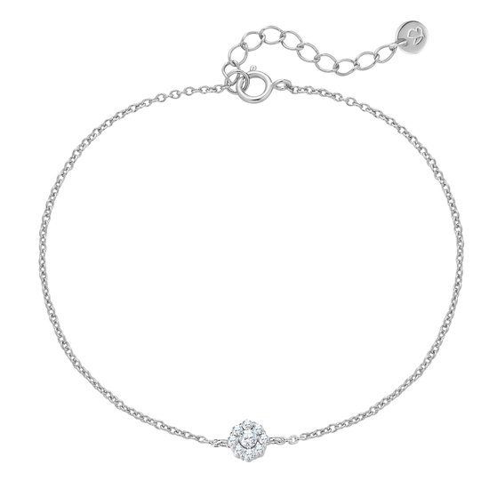 Fijne zilveren armband met een bloemvormige hanger van zirkonia en een verstelbare sluiting met vlinderlogo.