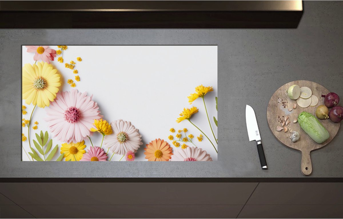 Inductieplaat Beschermer - Bloemen in Pastelkleuren tegen Witte Achtergrond - 85x51 cm - 2 mm Dik - Inductie Beschermer - Bescherming Inductiekookplaat - Kookplaat Beschermer van Wit Vinyl