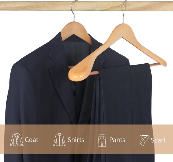 Hangerman Natural Wooden Clothes Hangers, 10 Pcs Wooden Coat Hangers, Coat Outerwear, Shiny Finish with Extra Wide Shoulder, 360 Degree Rotating Hooks, Non-Slip Bar with Rubber