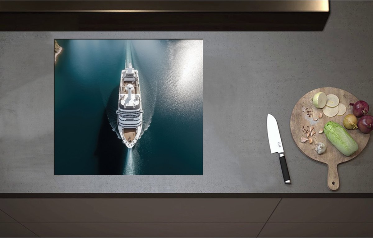 Inductieplaat Beschermer - Bovenaanzicht van Cruiseschip op het Water - 60x55 cm - 2 mm Dik - Inductie Beschermer - Bescherming Inductiekookplaat - Kookplaat Beschermer van Wit Vinyl