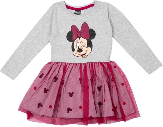 Disney Minnie Mouse Jurk - Lange Mouw - Tule - Grijs/Cerise