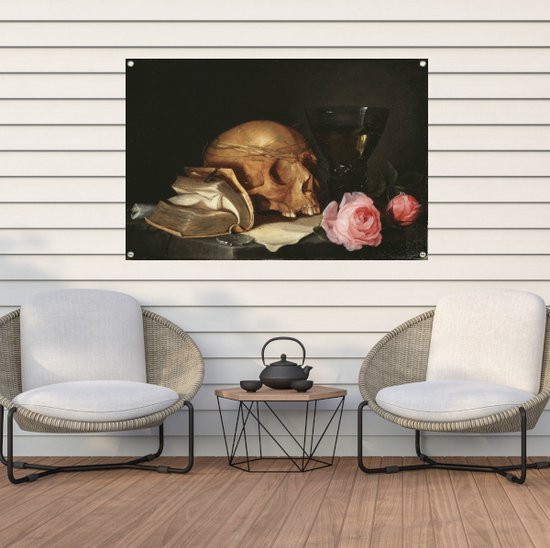 Une nature morte Vanitas avec un crâne, un livre et des roses - Jan Davidsz. Affiche de Heem - Affiches crâne - Posters de jardin Maîtres anciens - Affiche de jardin - Posters de jardin - Affiche de jardin Décoration murale 150x100 cm