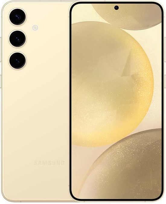 Goudkleurige Samsung smartphone met drie camera's, naast het toestel met een op bolvormige objecten gebaseerd achtergrondaard.