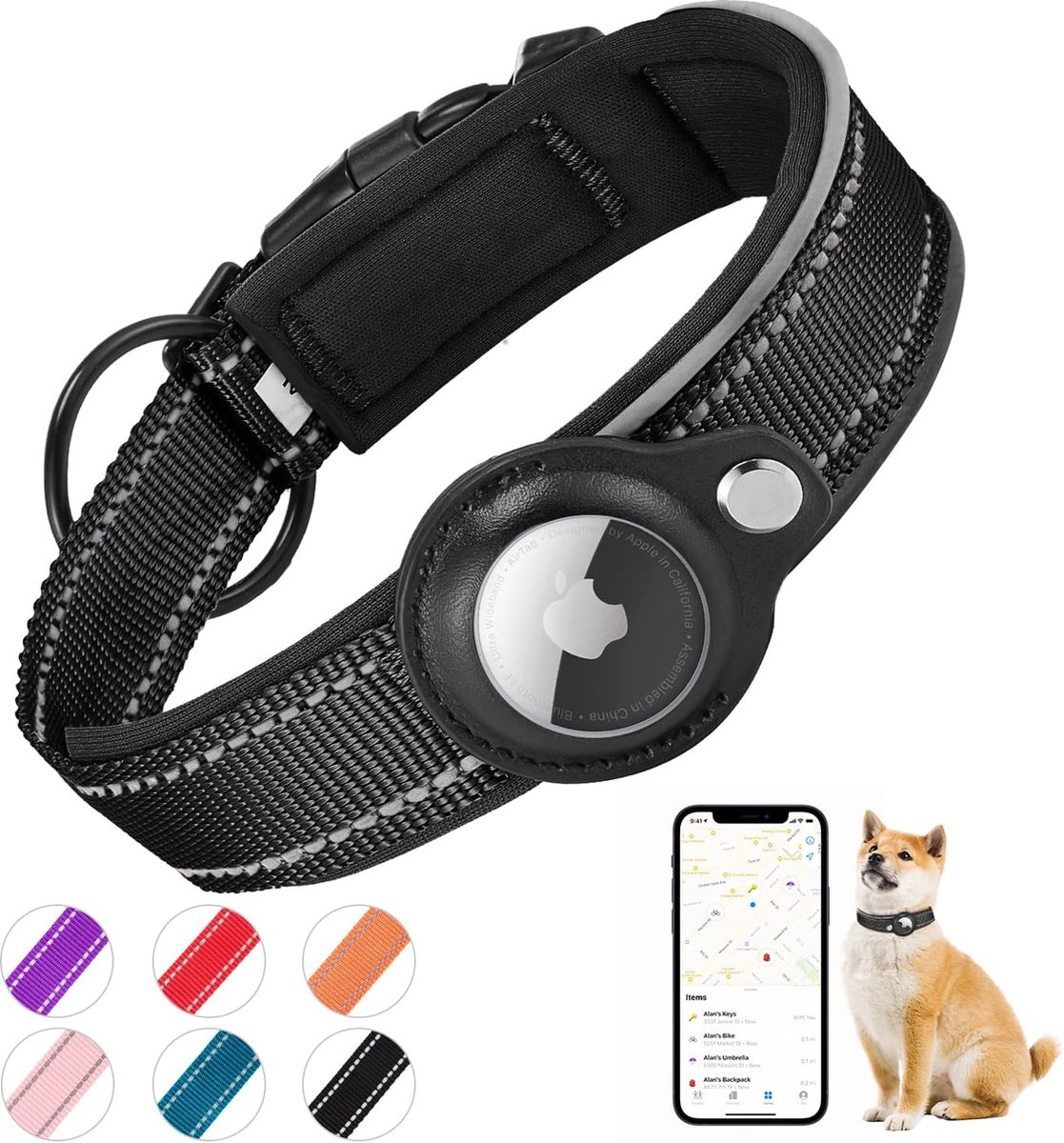 Airtag halsband - Airtag Halsband Kat en Hond - Maat L - Reflecterend en Comfortabel - Zwart - Merkloos
