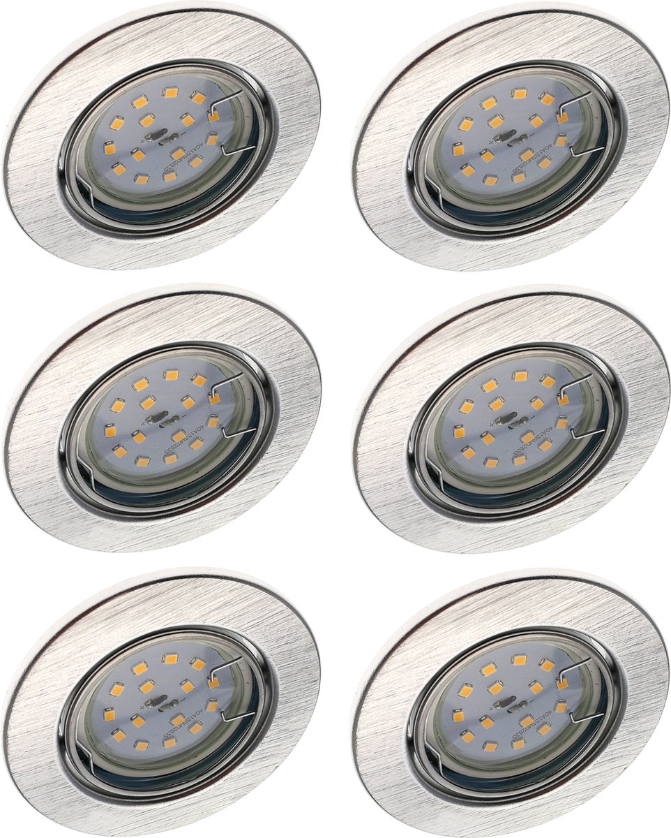 Trango Set van 6 IP23 LED inbouwspots 6729-069-5WAK geborsteld aluminium incl. 6x 5 Watt GU10 LED lamp 3000K warm wit & GU10 fitting, badkamerlamp, plafondlamp, plafondspot