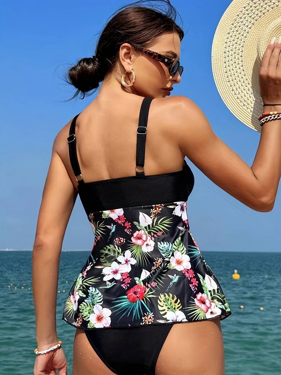 Fashion Tankini set - Bloemenpatroon 2 - delige V - hals Hoog Uitgesneden Tankini - Dames Badmode Bikini Badpak Zwemkleding Strandkleding Badkleding 504 - Zwart — afbeelding 5