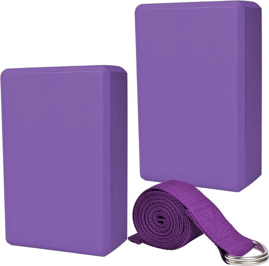 Yoga Blokken Set Paars + Gratis Yoga Riem | EVA Foam | 2 Yoga Blokken (22.7x12x7.5 cm) - Merkloos