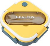 Vierkante Lunchbox met Servies - Gele & Blauwe Bentobox - Met vakjes x3 - Voor kinderen en volwassenen - Geschikt voor rijst, noodles, groente, vlees en meer! - Geel & Blauw - 900ml