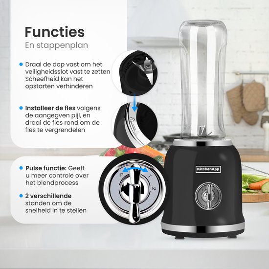 Zwarte KitchenApp blender met gedetailleerde illustraties van de functies: veiligheidssluiting, fles installatie en snelheidsinstellingen.