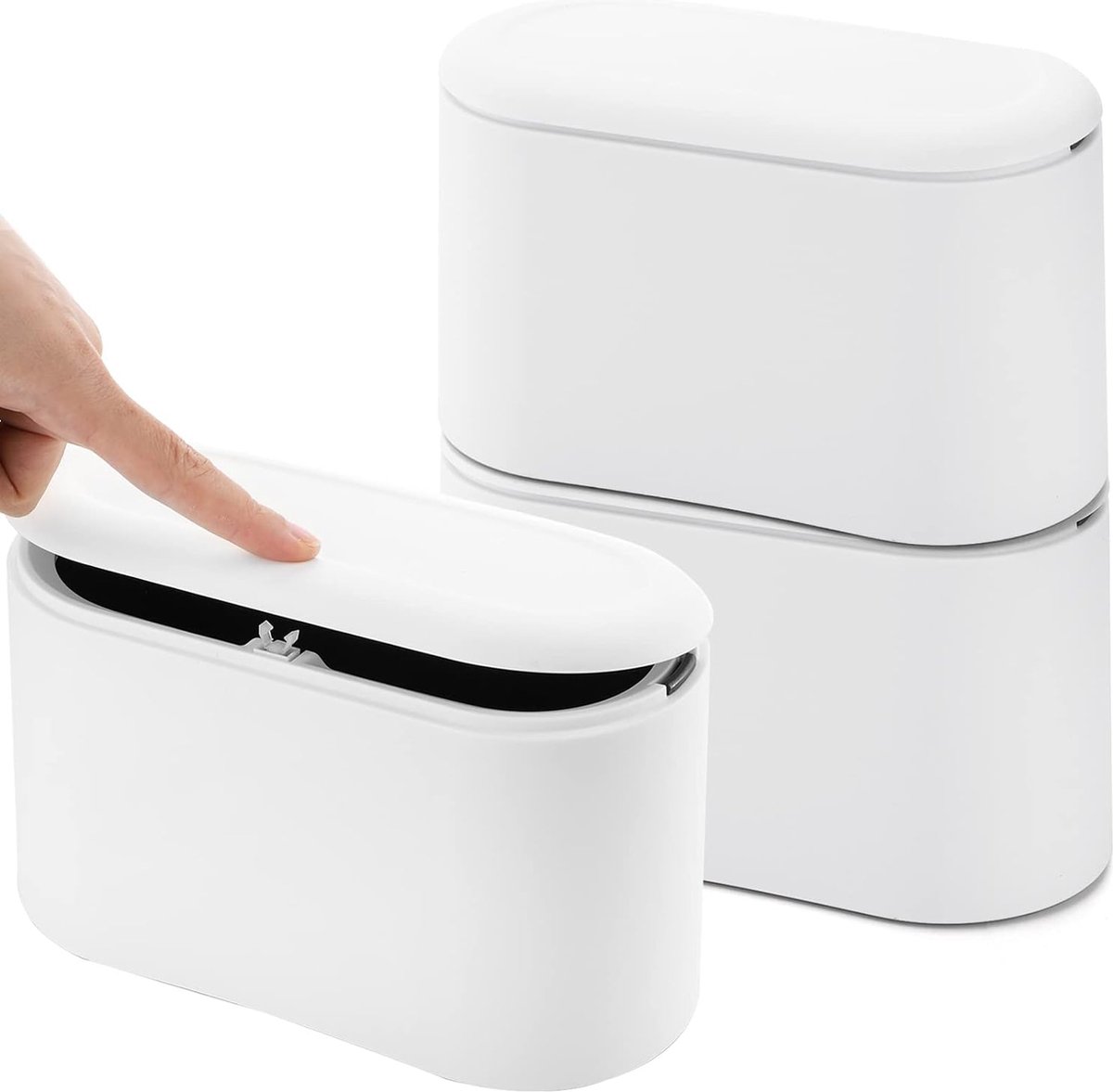 Goedkoopste Set van 3 kleine tafelblad prullenbakken met deksel - Pop-up afvalbak van plastic voor keuken, badkamer, kantoor, bureau, salontafel - Wit