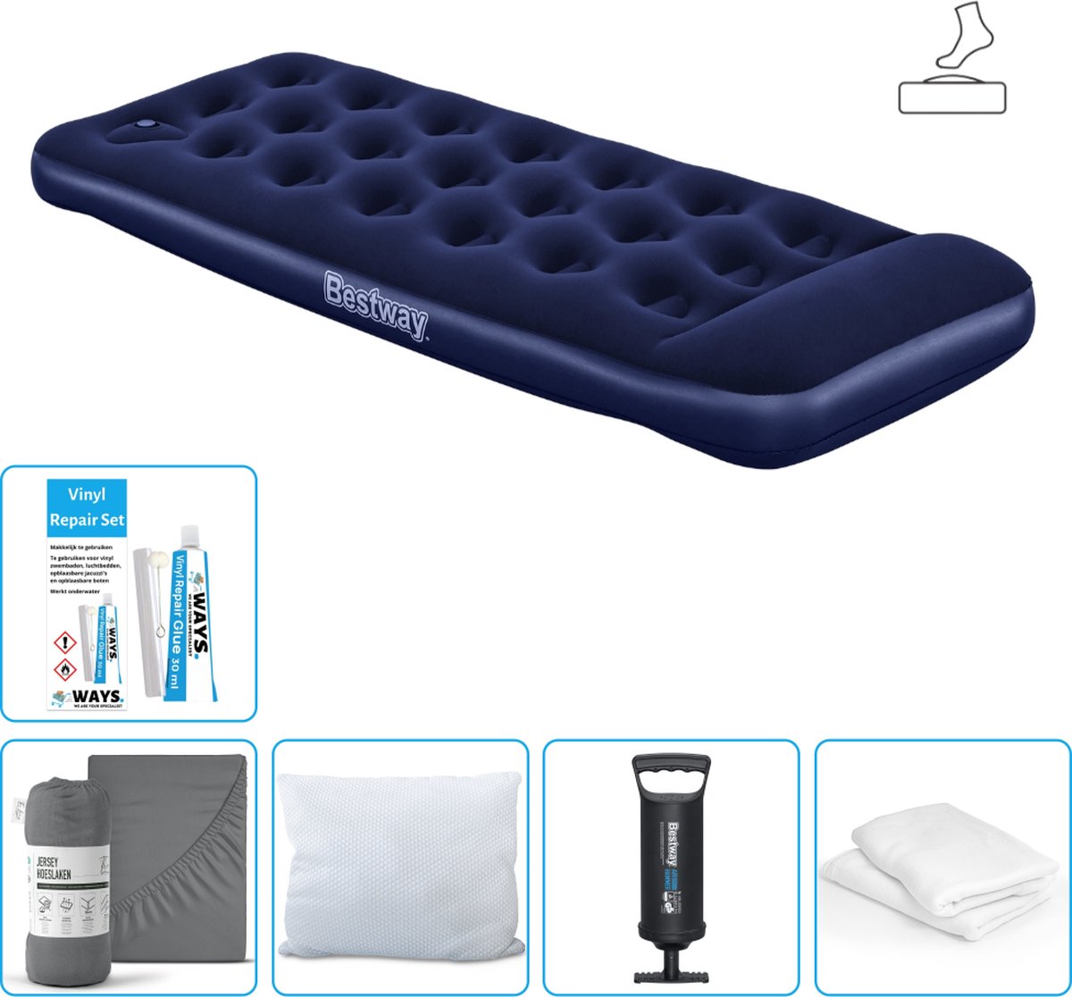 Bestway luchtbed - 1-Persoons - 76 x 185 x 28 cm - Blauw - Inclusief pomp - Hoeslaken - Kussen - Kussenbeschermer - Pomp en Reparatieset