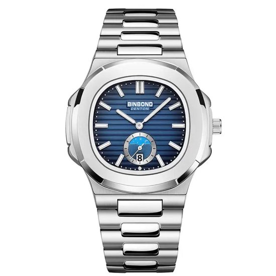 Binbond - Luxe Herenhorloge - Mannen - Zilveren Polsband - Blauw en Zilver - Luxe Doos -