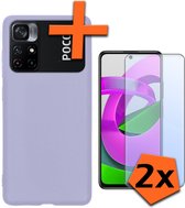 Hoesje Geschikt voor Xiaomi Poco M4 Pro 5G Hoesje Siliconen Cover Case Met 2x Screenprotector - Hoes Geschikt voor Xiaomi Poco M4 Pro 5G Hoes Back Case - Lila