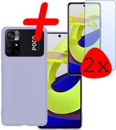 Hoes Geschikt voor Xiaomi Poco M4 Pro 5G Hoesje Siliconen Back Cover Case Met 2x Screenprotector - Hoesje Geschikt voor Xiaomi Poco M4 Pro 5G Hoes Cover Hoesje - Lila